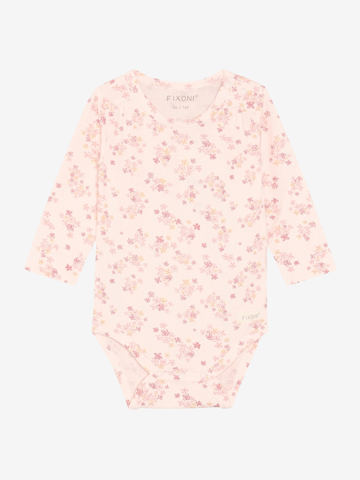 Rosa Langarmbody aus Baumwolle mit Blumenmuster von FIXONI, erhältlich im Bärechind Kinderladen Winterthur Zürich Schweiz