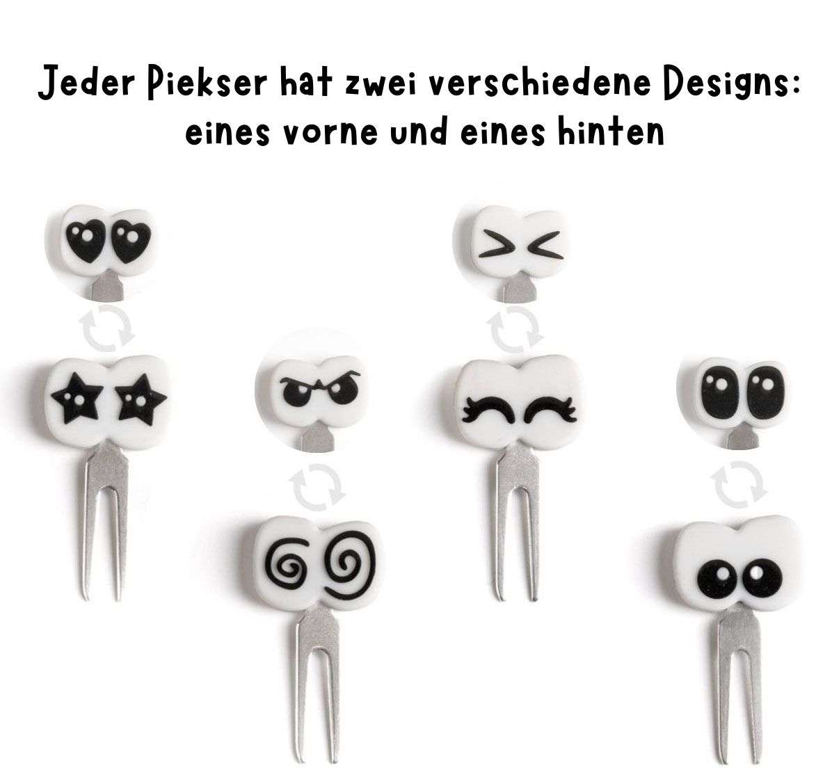 Lekkabox Edelstahl-Piekser mit wendbaren Augenmotiven, 4-teiliges Set, erhältlich im Bärechind in Winterthur, Zürich Schweiz.