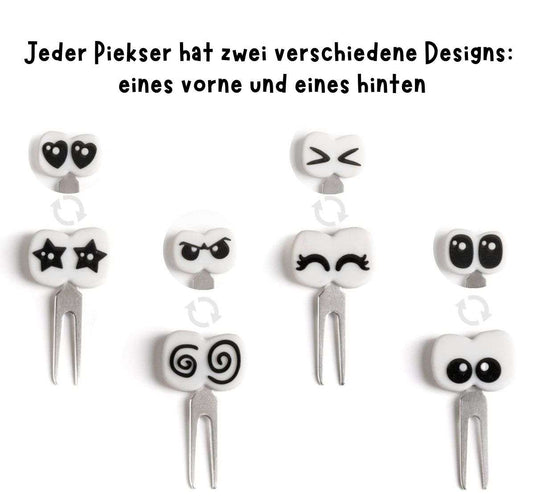 Lekkabox Edelstahl-Piekser mit wendbaren Augenmotiven, 4-teiliges Set, erhältlich im Bärechind in Winterthur, Zürich Schweiz.