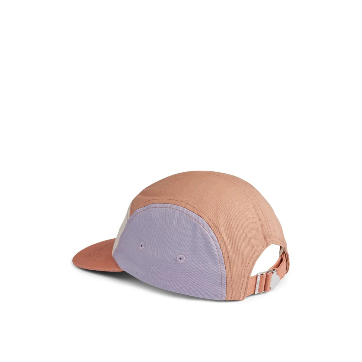 Seitenansicht der Liewood Kinder Cap Good Vibes in Pfirsich und Lila für Kinder