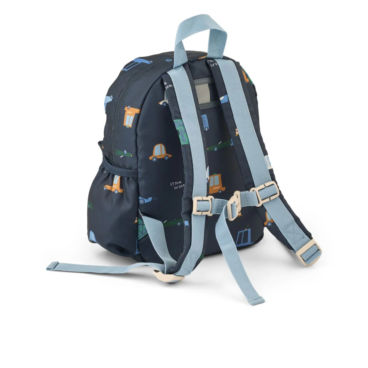Rückansicht des Liewood Kinder Rucksacks mit Fahrzeug Motiv und verstellbaren Schultergurten