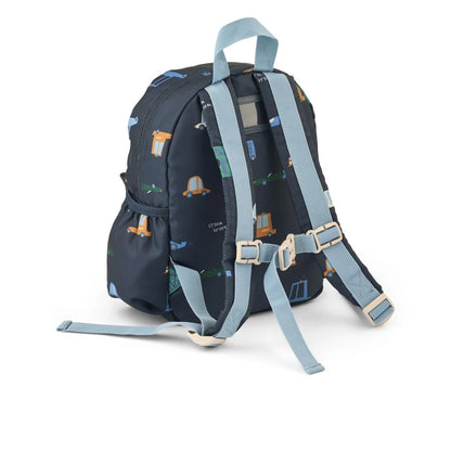 Rückansicht des Liewood Kinder Rucksacks mit Fahrzeug Motiv und verstellbaren Schultergurten