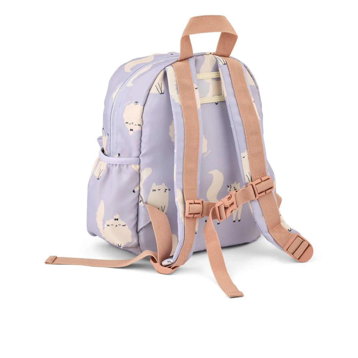 Rückansicht des Liewood Kinder Rucksacks mit Katzen Motiv und verstellbaren Schultergurten