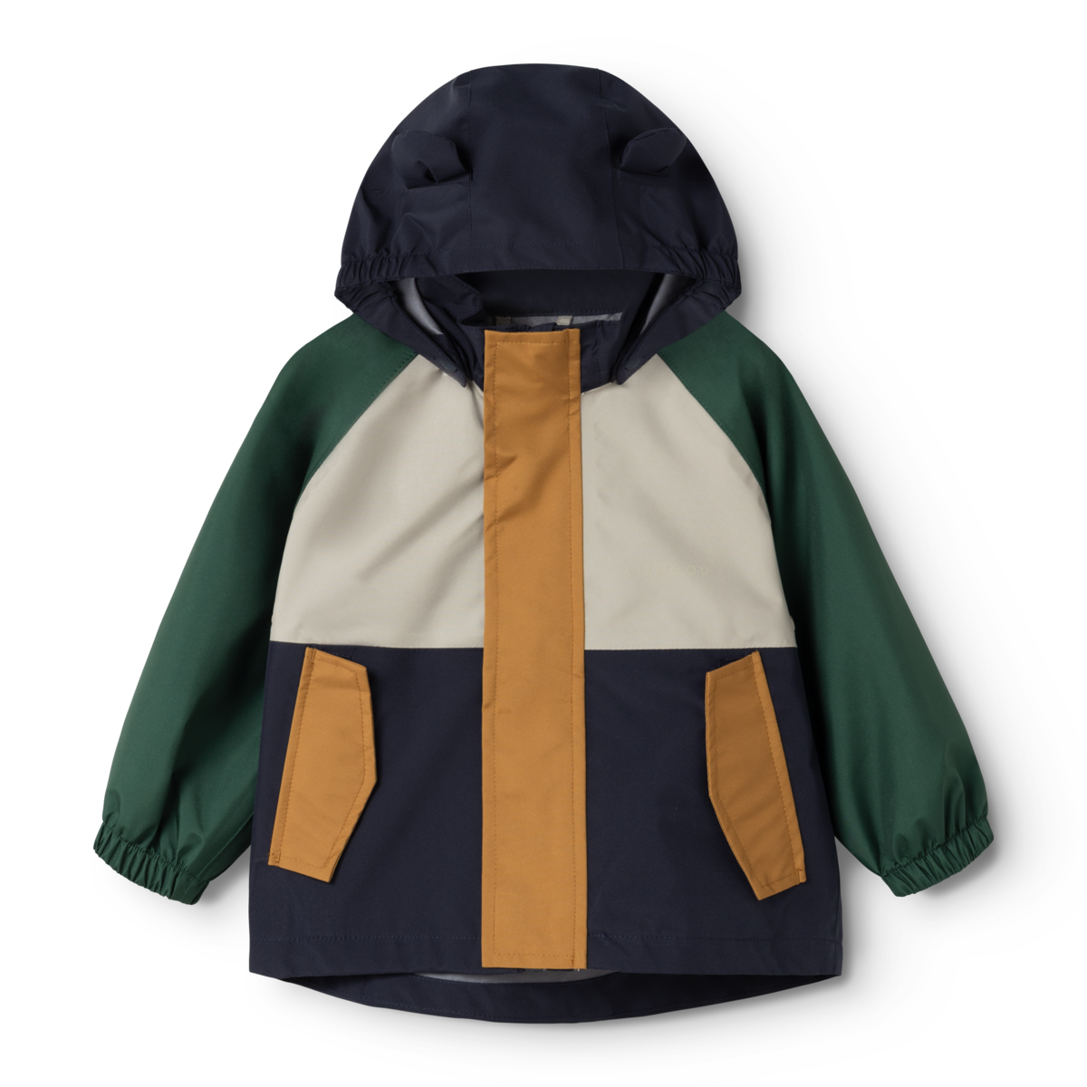 Regenjacke Manu von Liewood in der Rückansicht mit grünem Ärmel