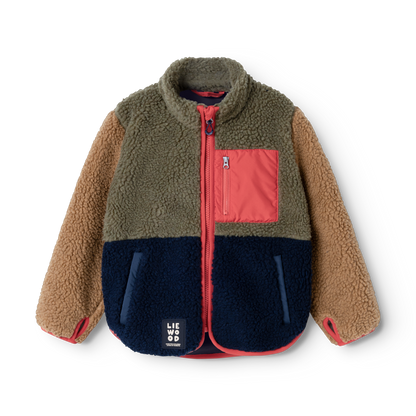 Liewood Nolan Teddyjacke Army Brown Multi Mix mit Colourblock Design aus weichem Sherpa Fleece