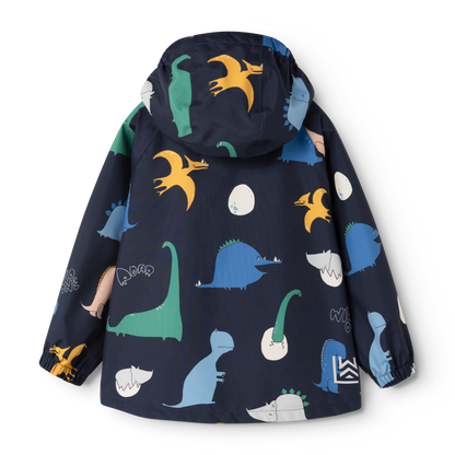 Liewood Pedia Regenjacke mit Dino Roar Muster und abnehmbarer Kapuze von hinten