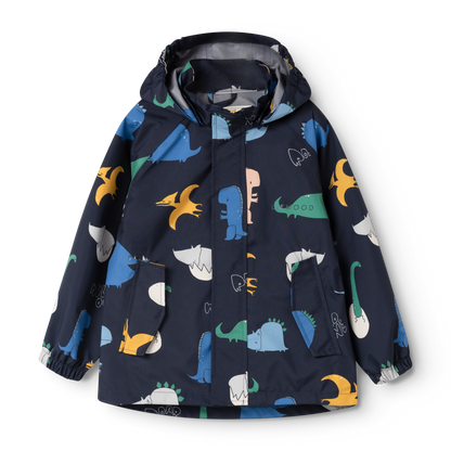 Wasserdichte Liewood Pedia Regenjacke in Classic Navy mit buntem Dinosaurier Print