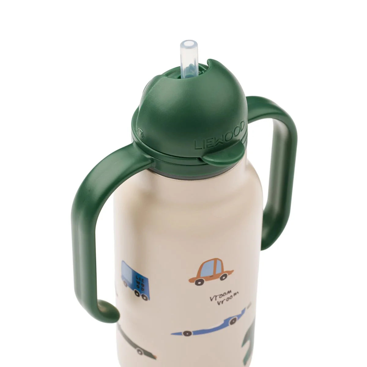 Liewood Kinder Trinkflasche mit Fahrzeug Motiv, Trinkhalm und ergonomischen Griffen