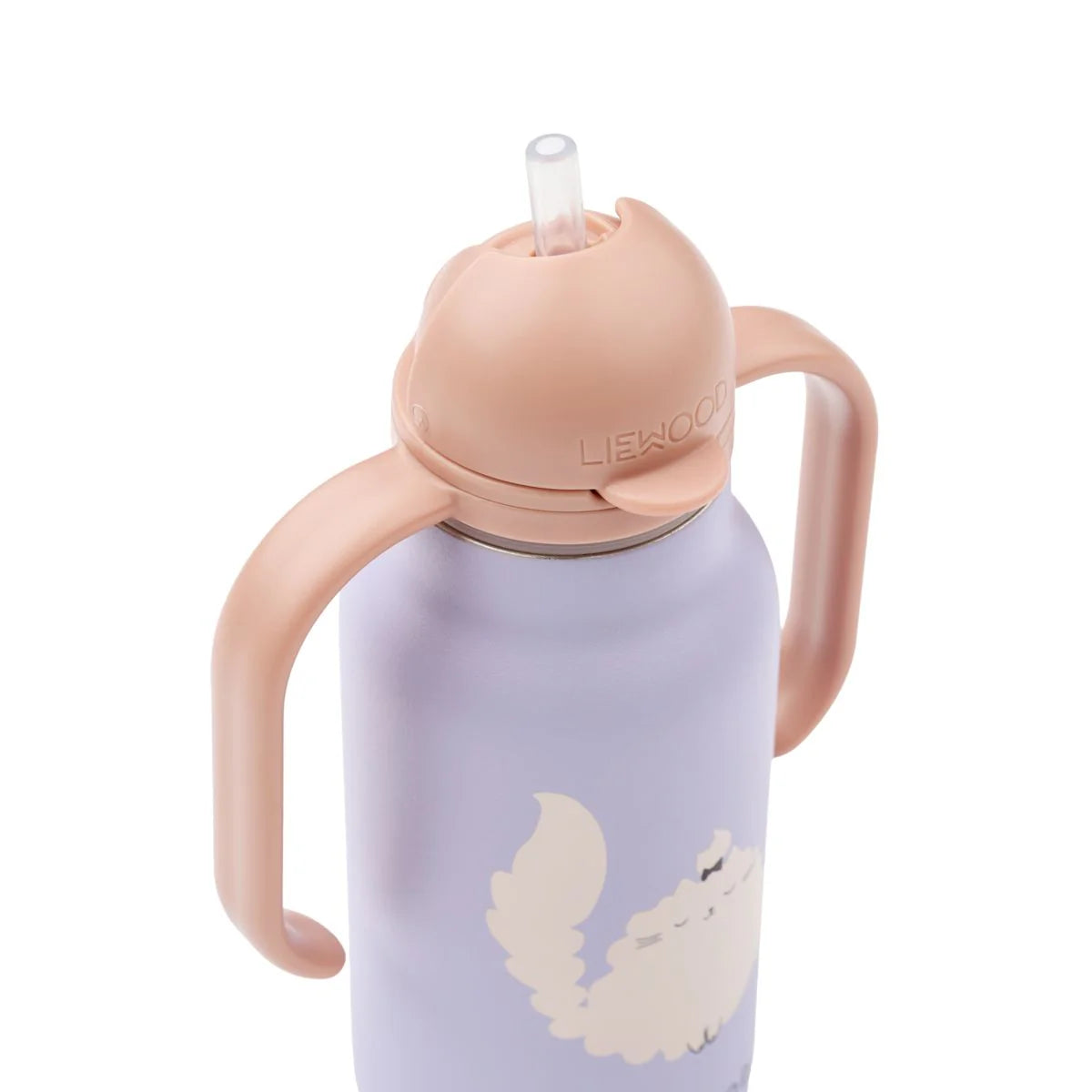 Detailansicht der Liewood Edelstahl Trinkflasche mit Katzen Motiv und Trinkhalm