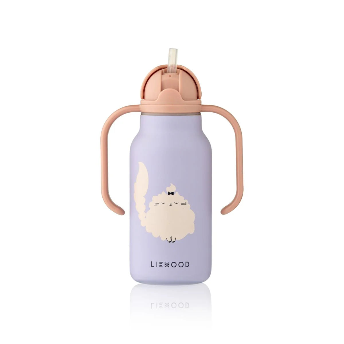 Liewood Kinder Trinkflasche mit Katzen Motiv, Trinkhalm und Griffen in Lila