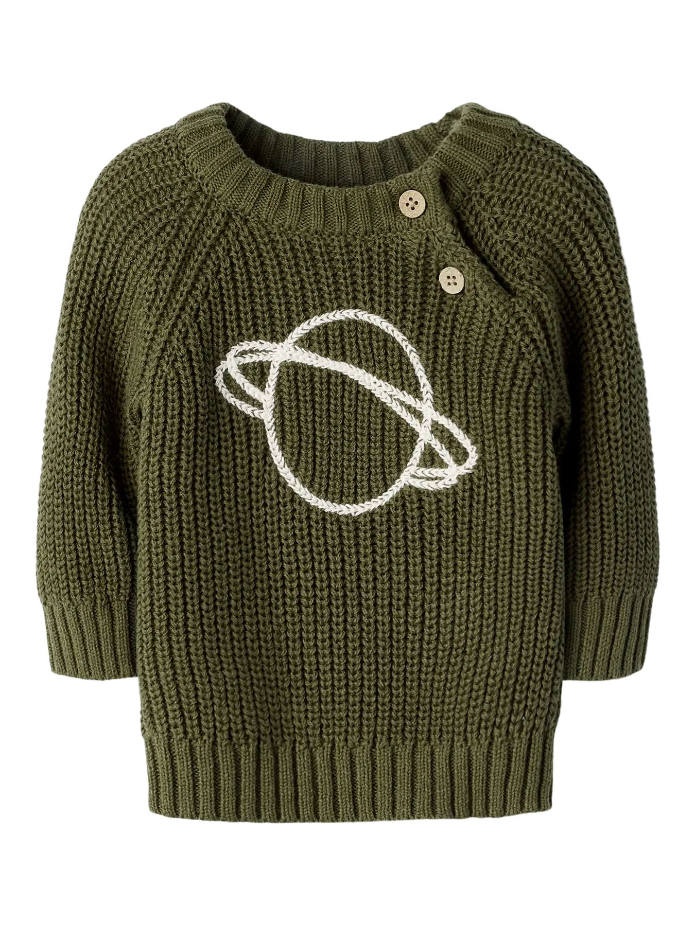 Baby Strickpullover von Lil' Atelier in Olivgrün mit aufgesticktem Planetenmotiv aus Bio-Baumwolle. Erhältlich im Bärechind Winterthur.