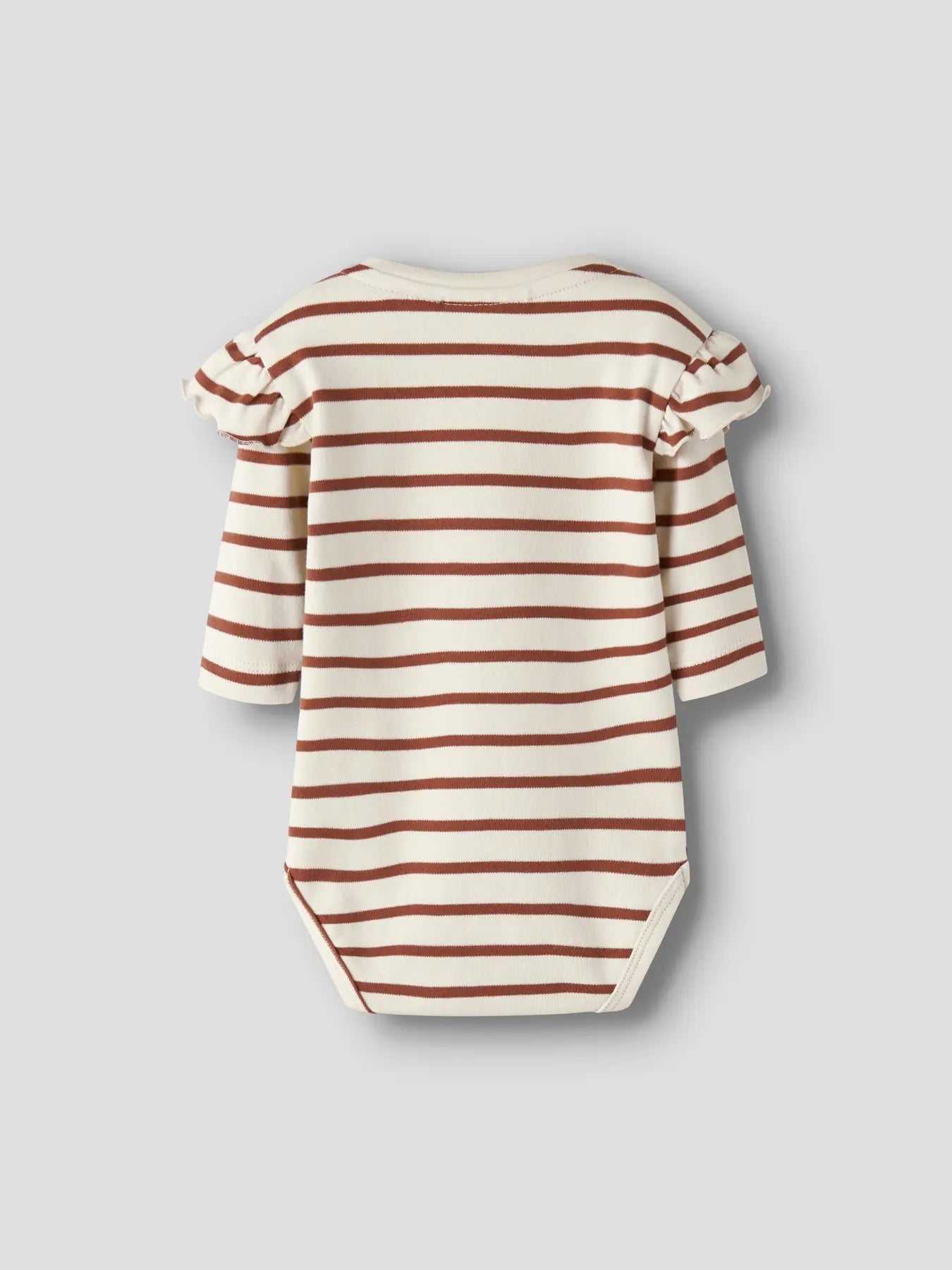 Rückansicht des gestreiften Lil' Atelier Bodys mit langen Ärmeln und Rüschendetails.