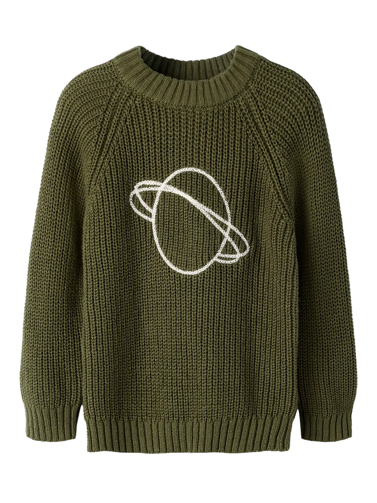 Kinder Strickpullover von Lil' Atelier in Olivgrün mit aufgesticktem Planetenmotiv aus Bio-Baumwolle. Erhältlich im Bärechind Winterthur.