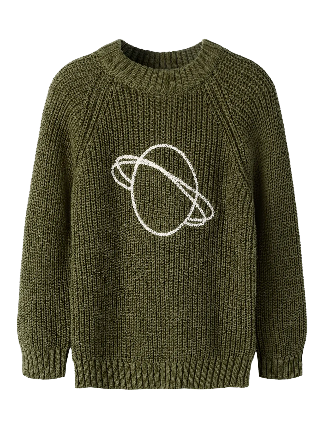Kinder Strickpullover von Lil' Atelier in Olivgrün mit aufgesticktem Planetenmotiv aus Bio-Baumwolle. Erhältlich im Bärechind Winterthur.