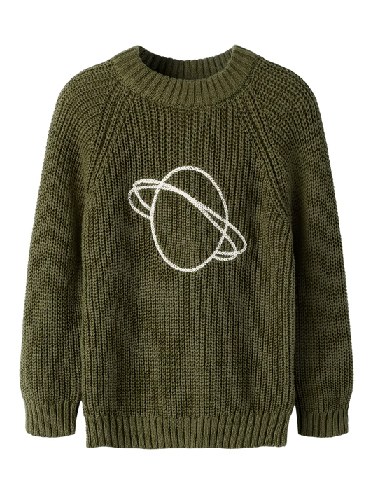 Kinder Strickpullover von Lil' Atelier in Olivgrün mit aufgesticktem Planetenmotiv aus Bio-Baumwolle. Erhältlich im Bärechind Winterthur.