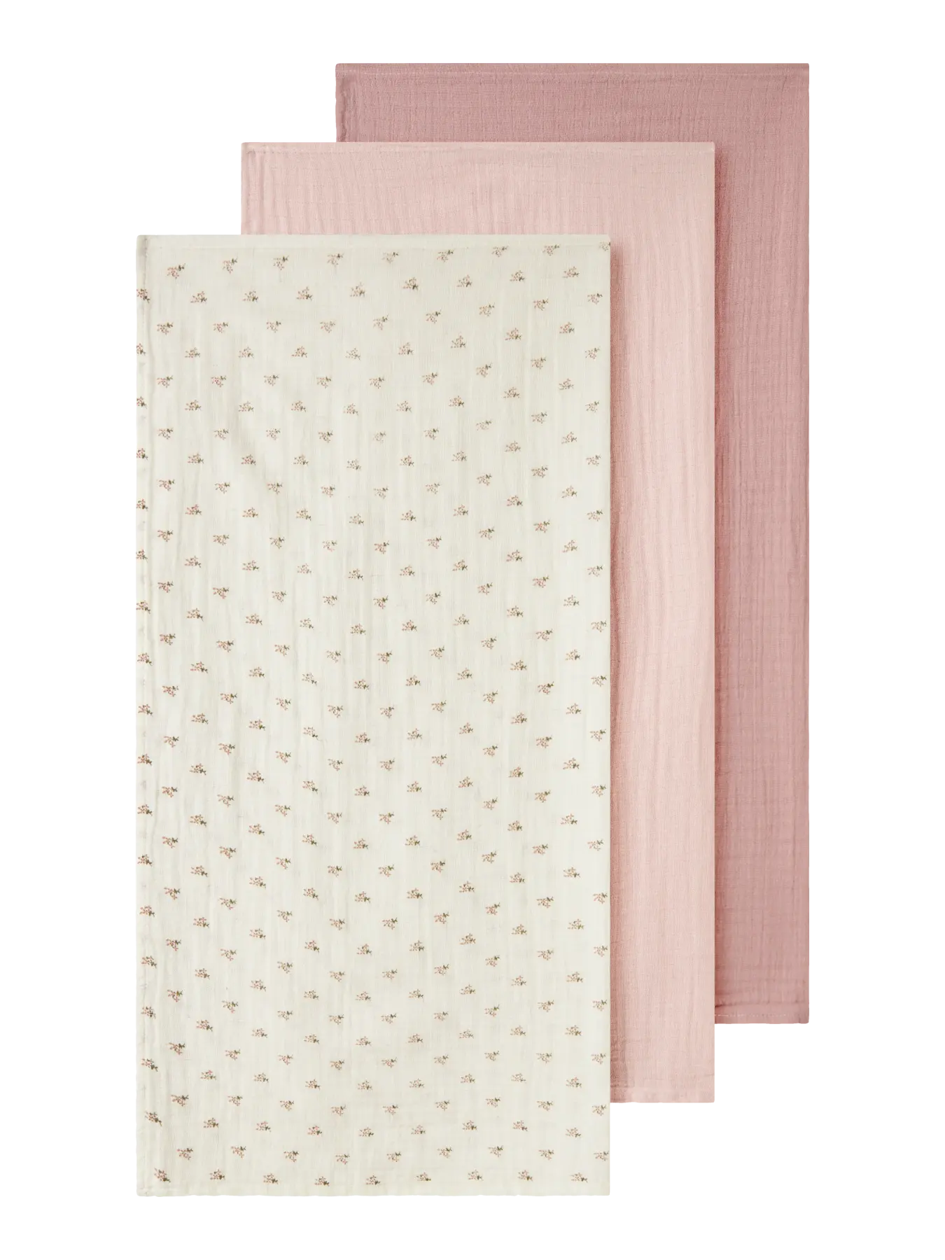 Drei Lil’ Atelier Mulltücher aus Bio-Baumwolle in Rosa und Creme für Babys und Kleinkinder