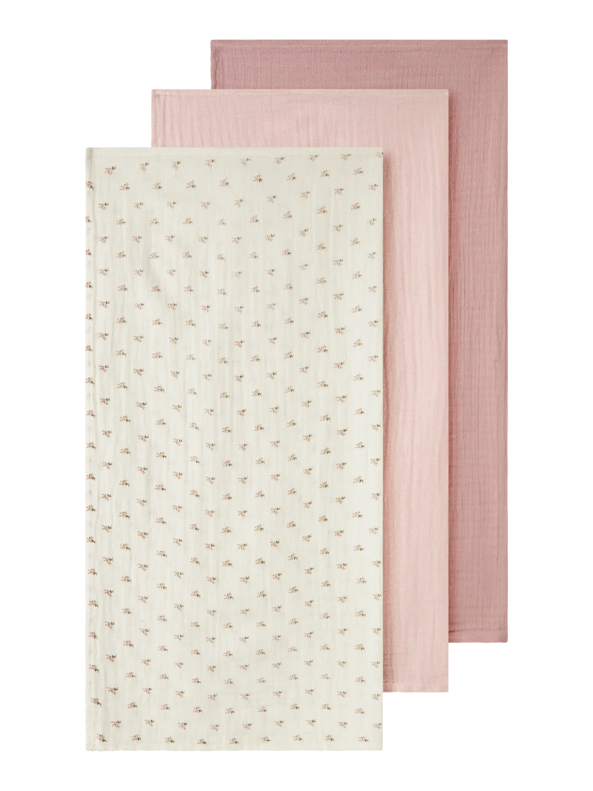 Drei Lil’ Atelier Mulltücher aus Bio-Baumwolle in Rosa und Creme für Babys und Kleinkinder