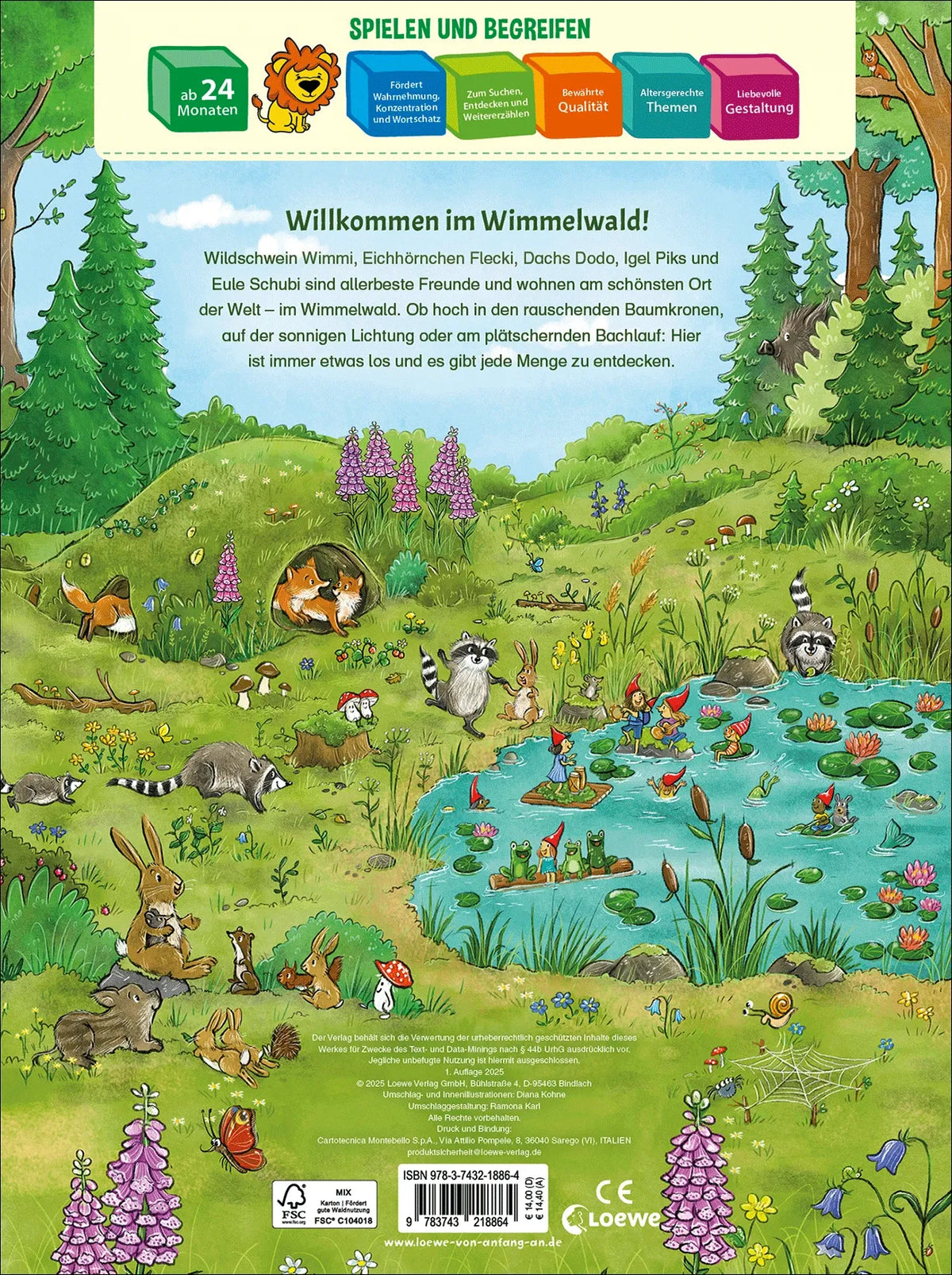 Wimmelseite mit Wildschwein Wimmi und weiteren Waldtieren zum Entdecken