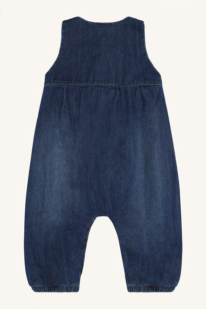 Magdalena Overall aus robuster Baumwolle mit Druckknöpfen im Schritt, Rückansicht