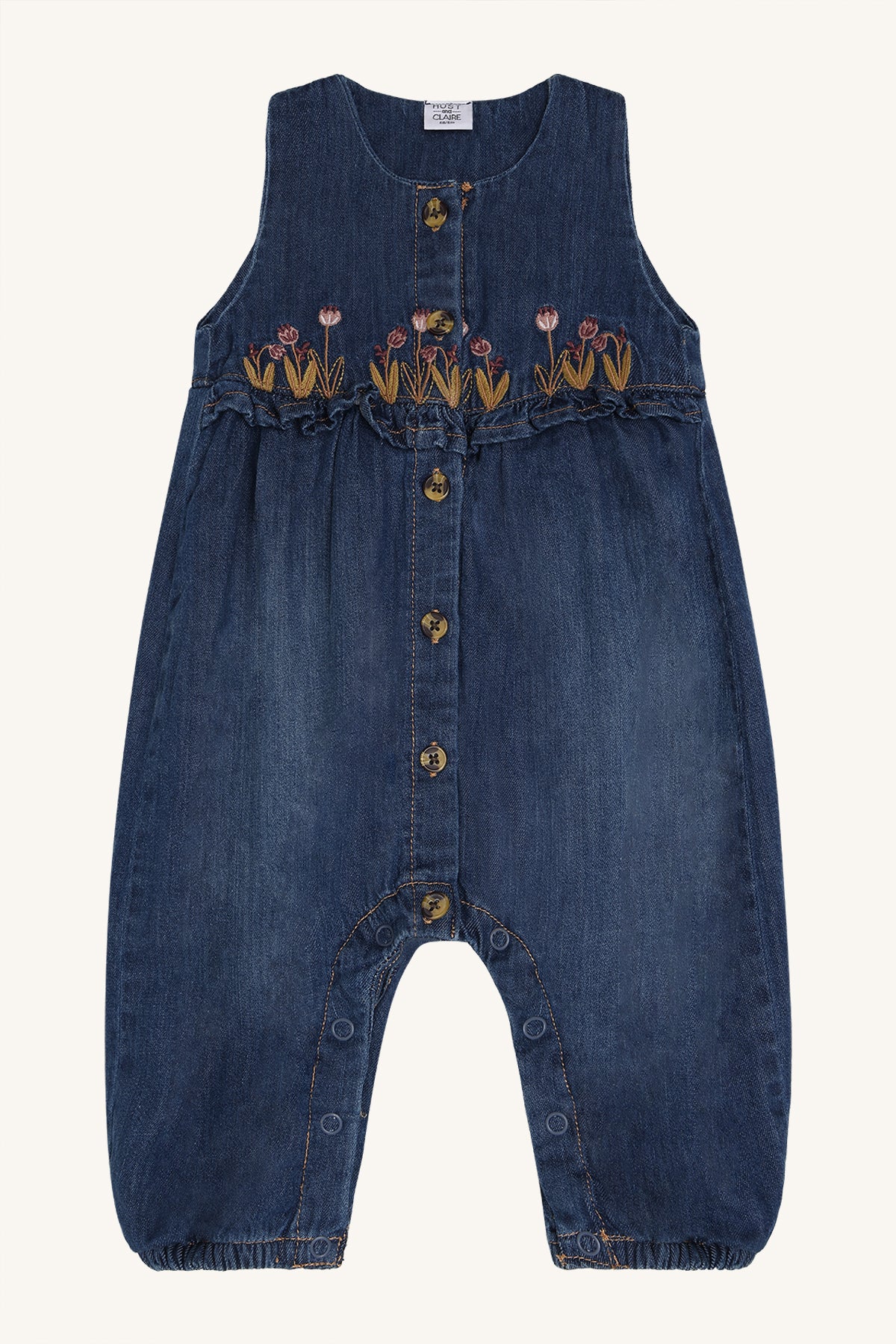 Magdalena Jeans-Overall mit Blumenstickerei in Blue Denim, Vorderansicht
