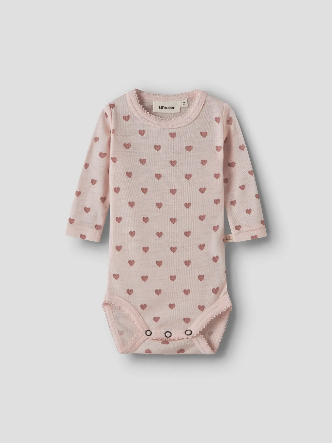 Merino Langarmbody mit Herzchenprint in Morganite, Vorderansicht