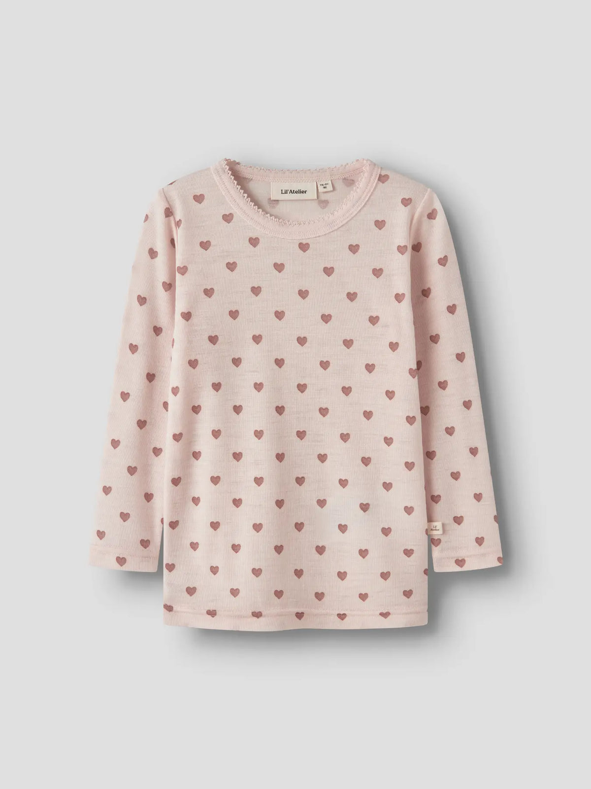 Merino Langarmshirt mit Herzchenprint in Morganite, Vorderansicht