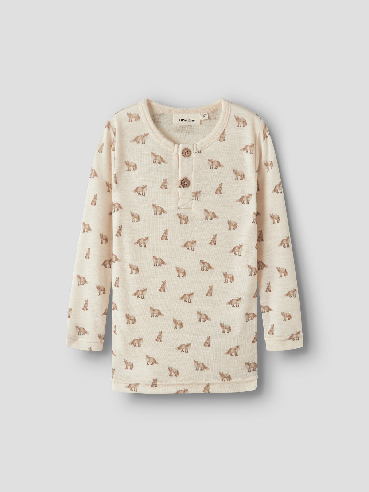 Merino/Modal Langarmshirt mit Fuchsprint in Turtledove, Vorderansicht mit O-Ausschnitt
