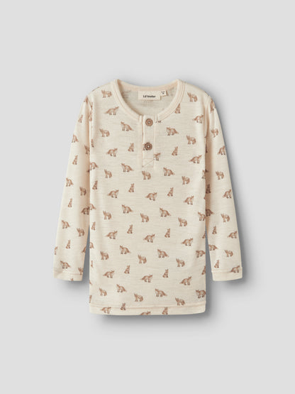 Merino/Modal Langarmshirt mit Fuchsprint in Turtledove, Vorderansicht mit O-Ausschnitt
