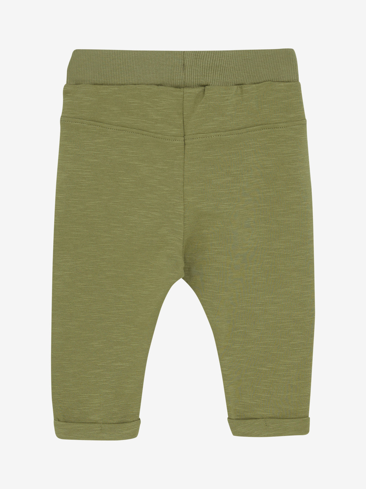 Rückansicht der khakifarbenen Minymo Babyhose aus GOTS-zertifiziertem Bio-Baumwollmix mit elastischen Beinbündchen