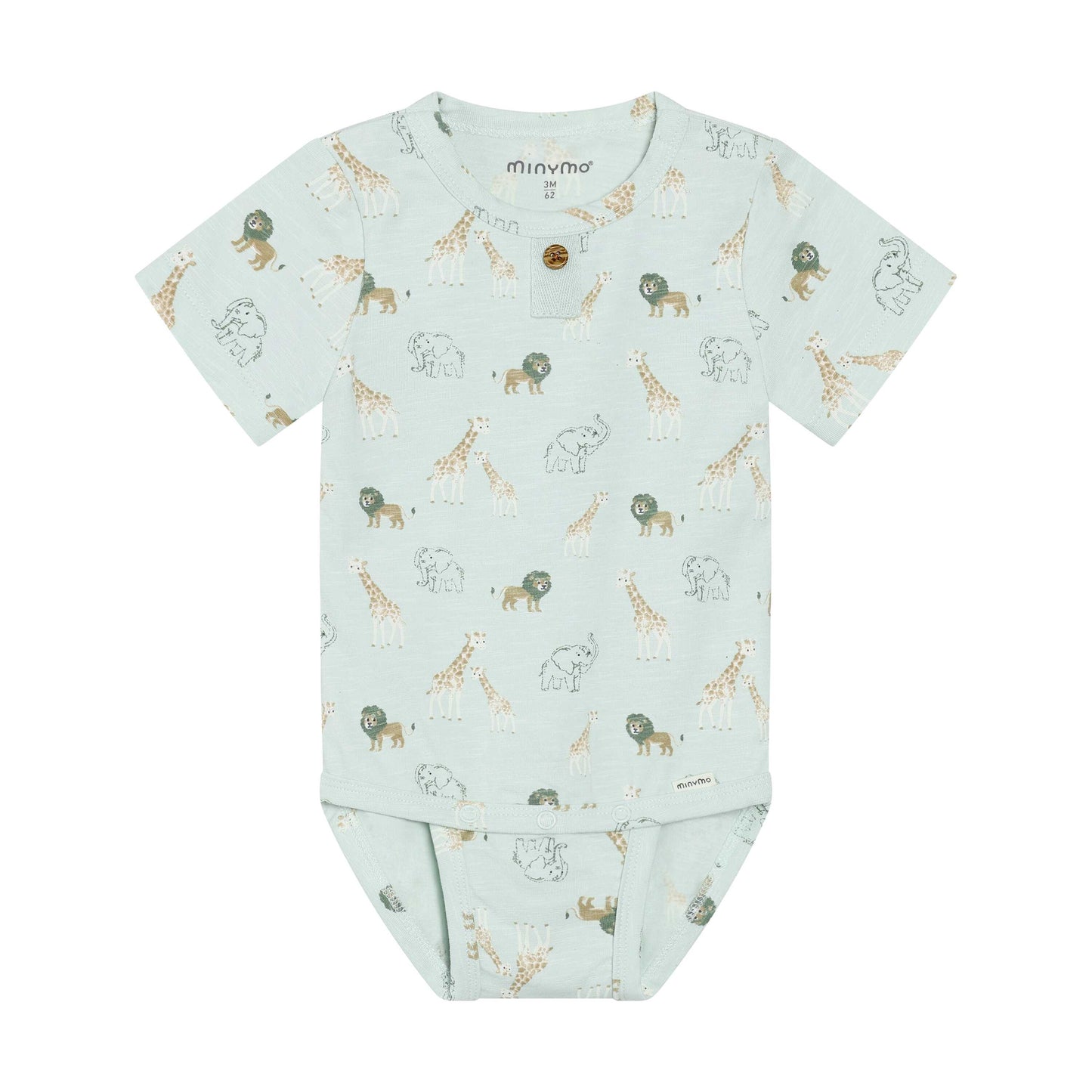 Mintfarbener MINYMO Baby Body aus Bio-Baumwolle mit Safari-Muster, erhältlich bei Bärechind in Winterthur, Zürich, Schweiz