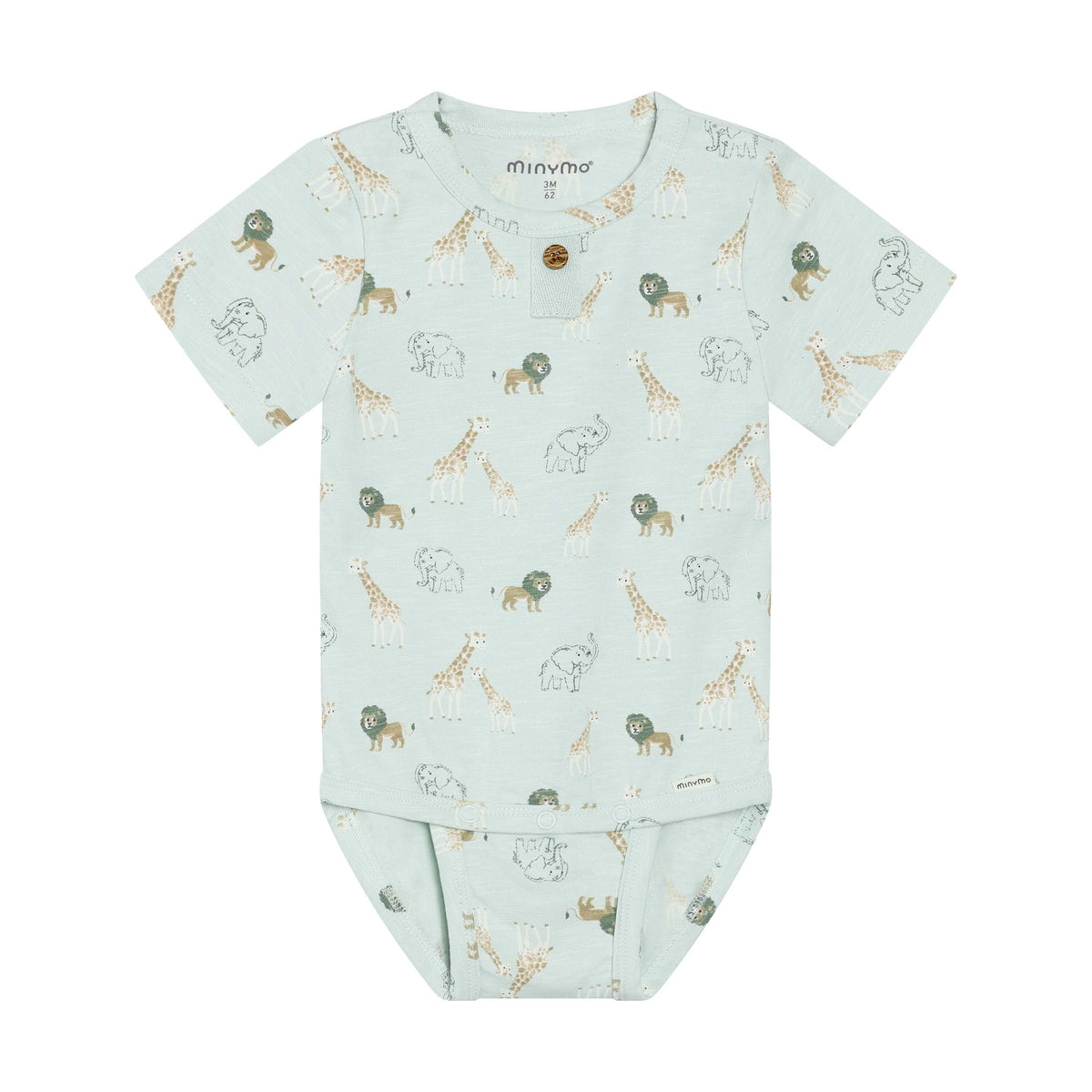 Mintfarbener MINYMO Baby Body aus Bio-Baumwolle mit Safari-Muster, erhältlich bei Bärechind in Winterthur, Zürich, Schweiz