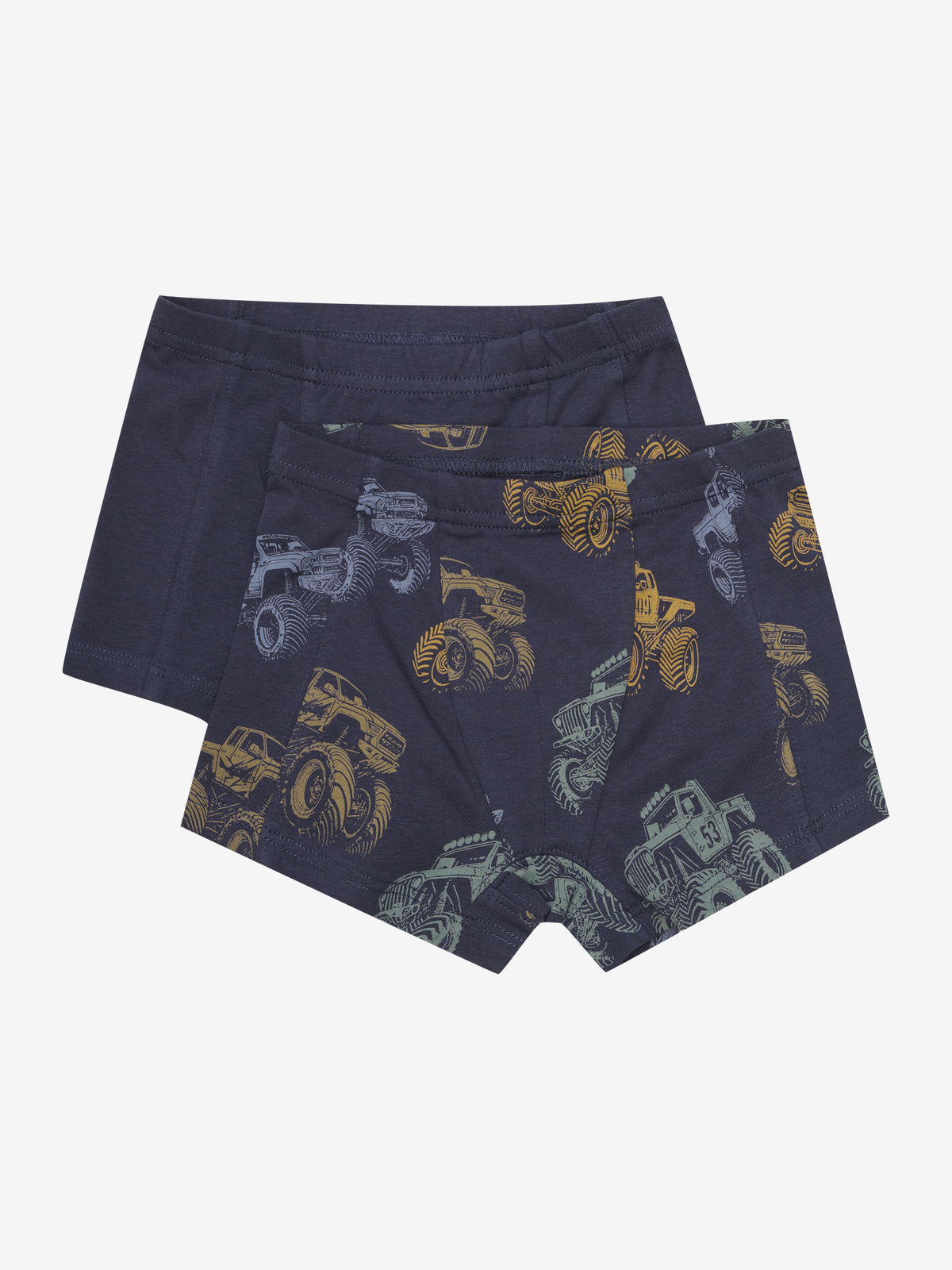 Minymo Boxershorts für Jungen im 2er-Pack, dunkelblau und mit Monstertruck-Muster, GOTS-zertifizierte Kinderunterwäsche im Bärechind Winterthur.