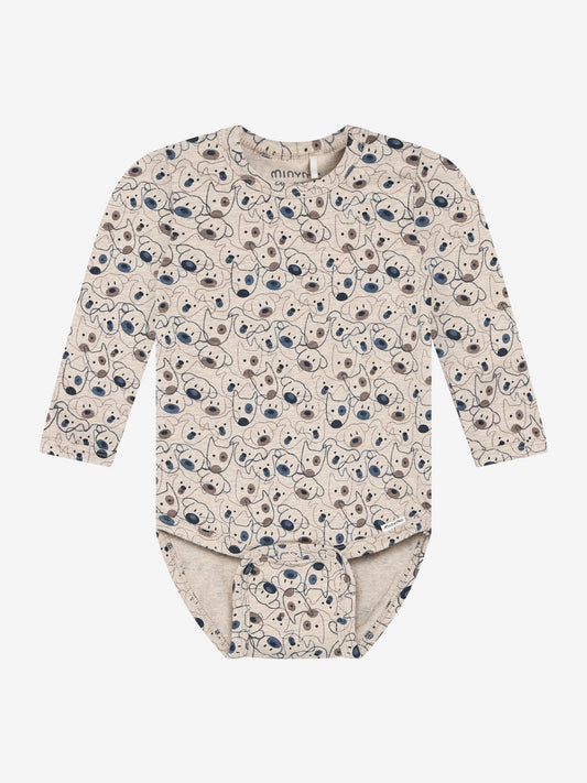 Minymo Body in Beige Melange mit Hundeprint, Frontansicht