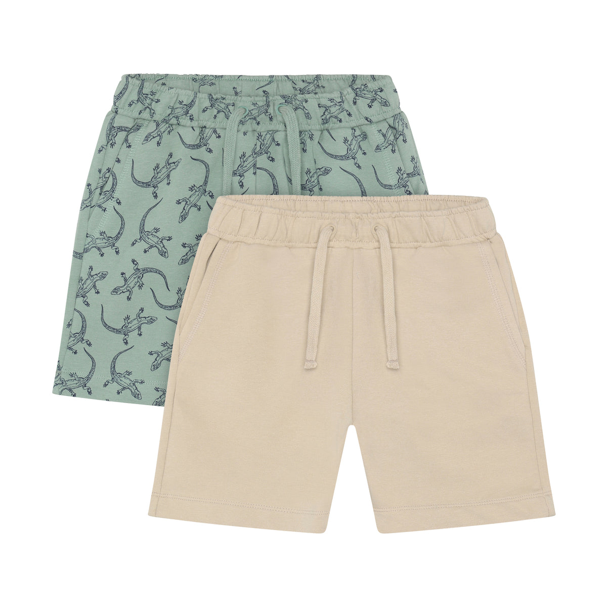Minymo 2er Pack kurze Hosen mit Eidechsen Print in Grün und Beige, erhältlich im Bärechind Winterthur Zürich Schweiz.