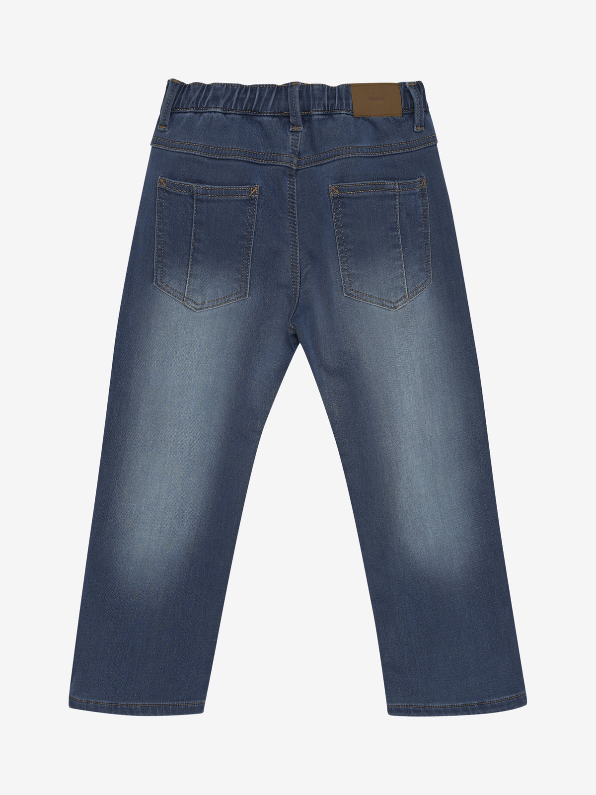 Rückansicht der dunkelblauen Minymo Kinderjeans aus weichem Baumwollmix mit Gesässtaschen