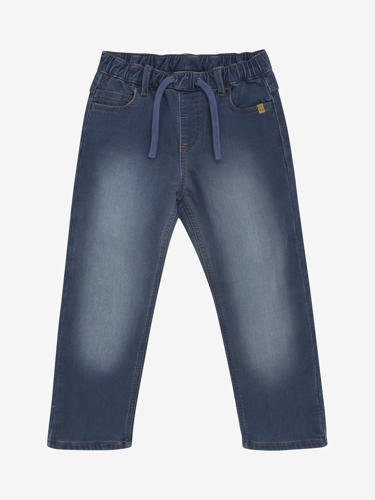 Minymo Sweat Jeans in Dark Navy mit elastischem Bund, Bindeband und leichter Jeanswaschung, Vorderansicht
