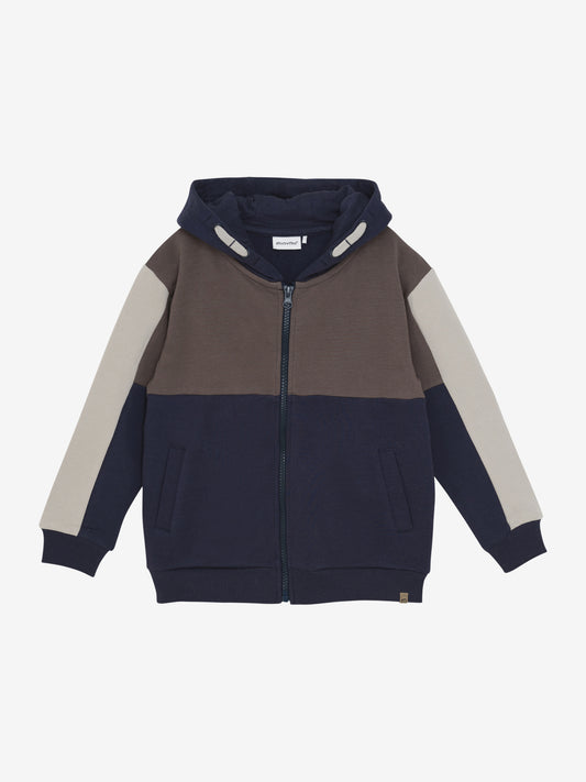 Minymo Sweatjacke mit Kapuze in Dunkelblau, Braun und Beige, mit Reissverschluss und zwei Taschen