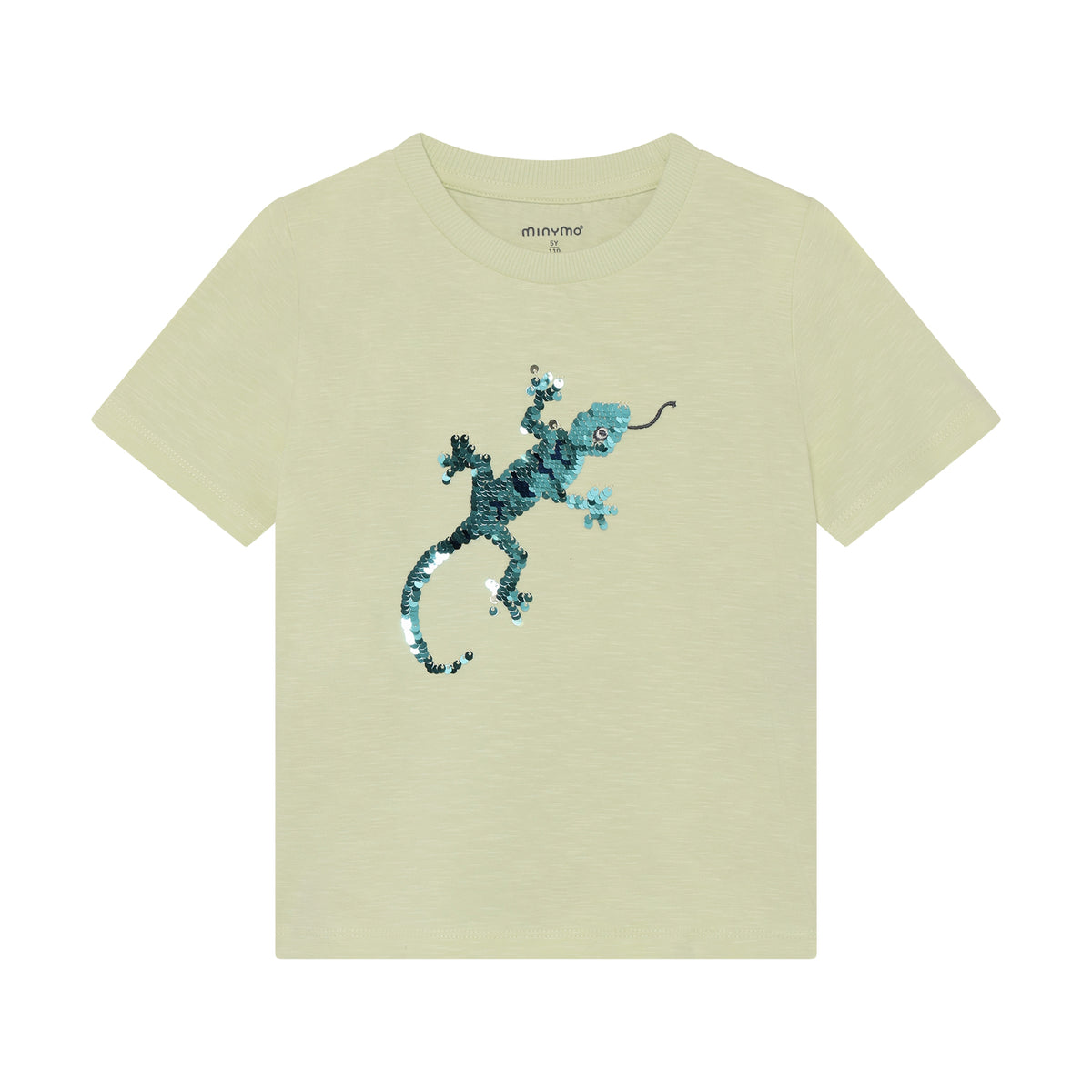 Minymo T-Shirt mit Eidechse aus Wendepailletten in Hellgrün, erhältlich im Bärechind Winterthur Zürich Schweiz.