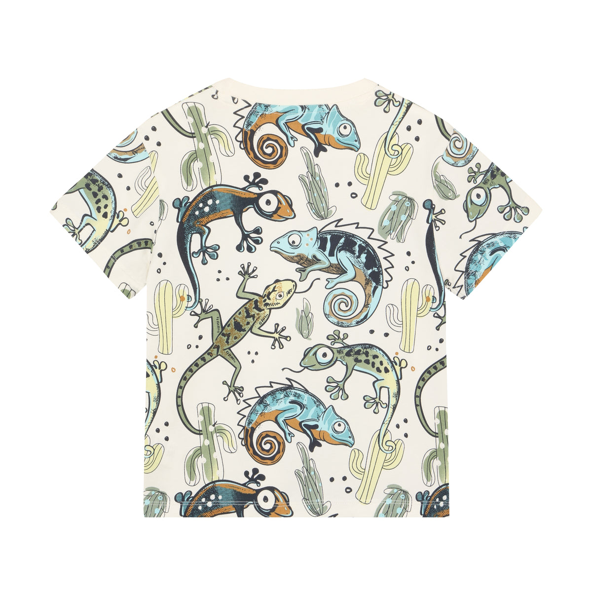 Rückansicht Minymo Kinder T-Shirt mit Reptilien Allover Print, nachhaltige Kindermode im Bärechind Winterthur Zürich Schweiz.