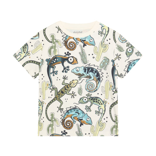Minymo T-Shirt kurzarm mit Reptilien und Chamäleon Print in Weiss, erhältlich im Bärechind Winterthur Zürich Schweiz.