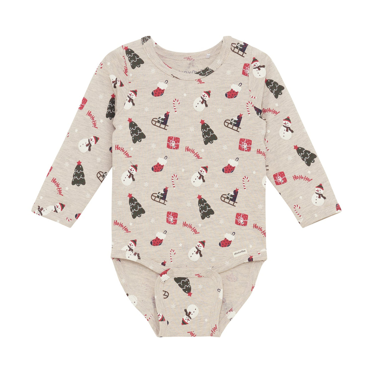 Minymo Weihnachtsbody in Beige Melange mit Weihnachtsprint, Frontansicht