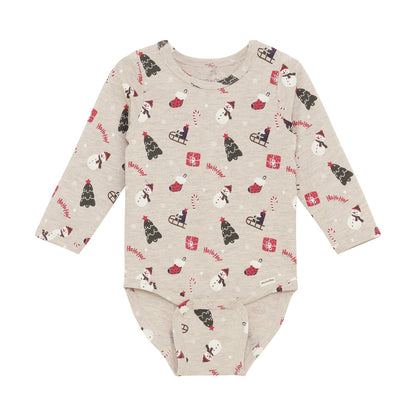 Minymo Weihnachtsbody in Beige Melange mit Weihnachtsprint, Frontansicht