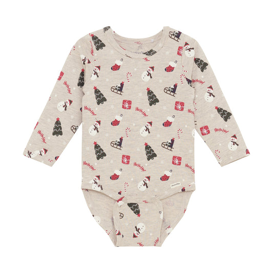 Minymo Weihnachtsbody in Beige Melange mit Weihnachtsprint, Frontansicht