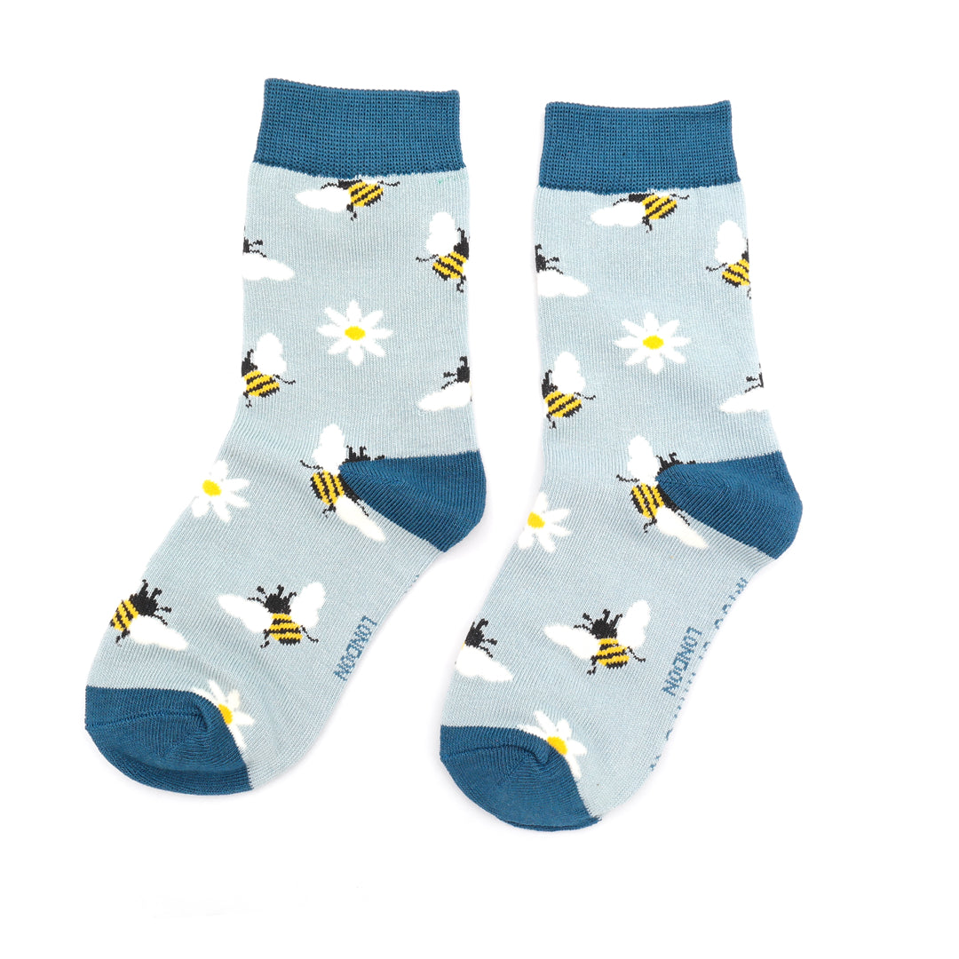 Miss Sparrow Bambus Socken Kinder mit Bienen- und Blumenmuster in Duck-Egg-Blau