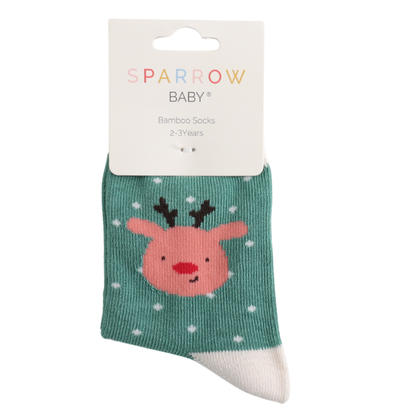 Miss Sparrow Bambus Socken Kinder mit Rentiermotiv in Grün