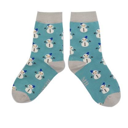 Miss Sparrow Bambus Socken Kinder mit Schneemännern in Petrol