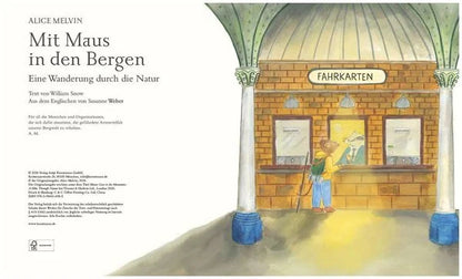 Innenseite aus dem Bilderbuch Mit Maus in den Bergen von Alice Melvin mit Maus am Fahrkartenschalter