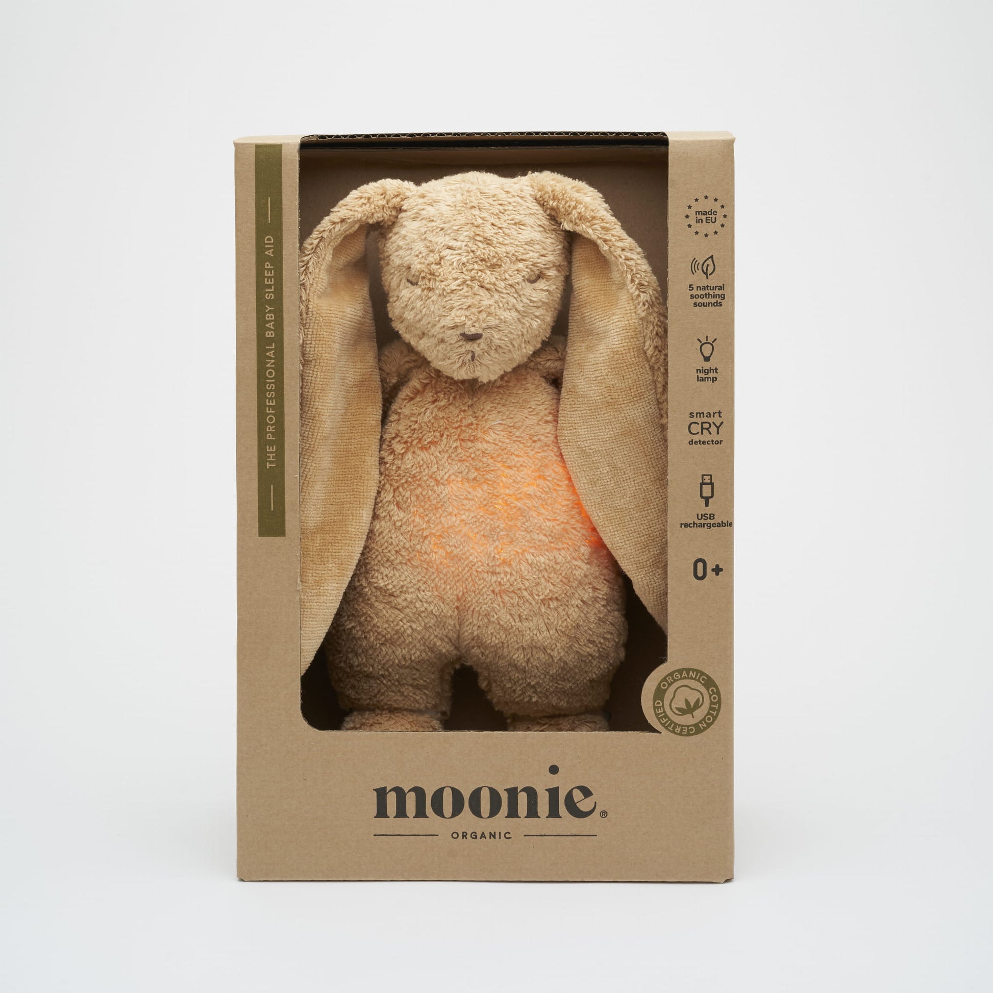 Moonie 2.0 Hase cappuccino in stilvoller Verpackung – perfektes Geschenk für Babys mit Schlafhilfe-Funktion, Naturklängen und beruhigendem Licht. Jetzt in Winterthur, Zürich, Schweiz verfügbar.