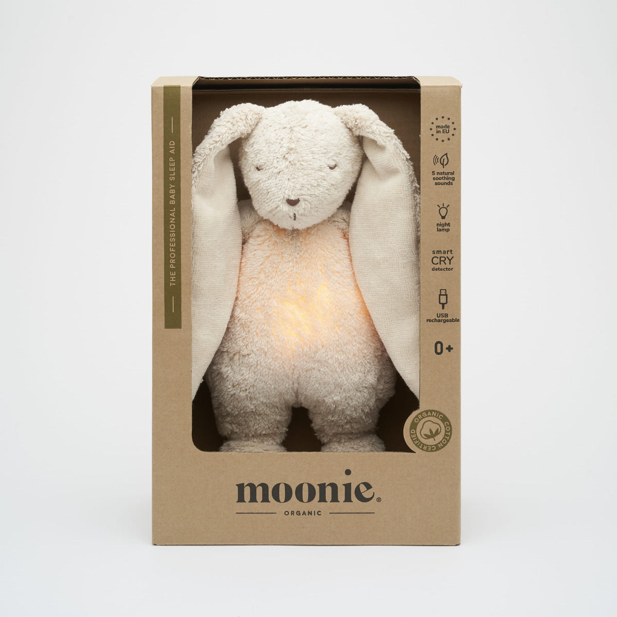 Moonie 2.0 Hase in stilvoller Verpackung – perfektes Geschenk für Babys mit Schlafhilfe-Funktion, Naturklängen und beruhigendem Licht. Jetzt in Winterthur, Zürich, Schweiz verfügbar.