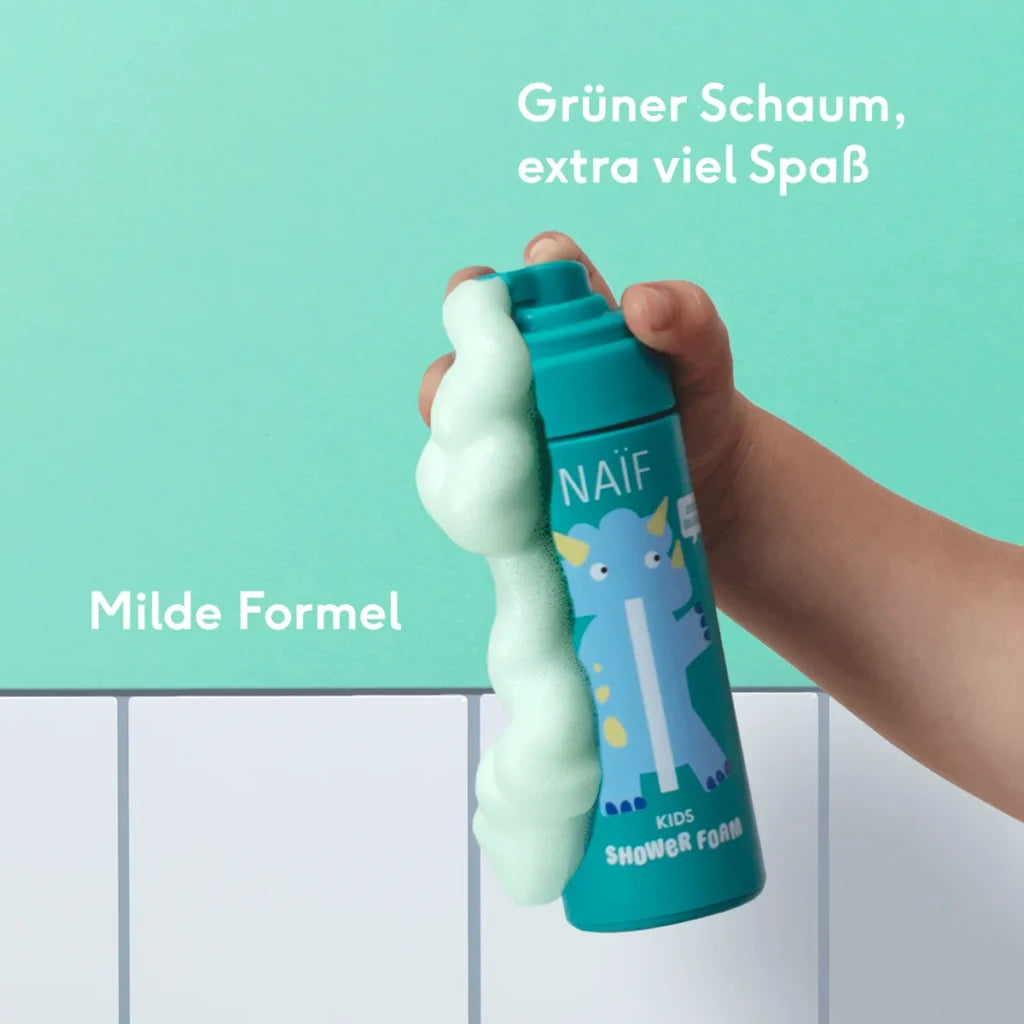 NAÏF Kids Shower Foam 150 ml mit Dino Verpackung für Kinderhaut, erhältlich bei Bärechind in Winterthur, Zürich, Schweiz.